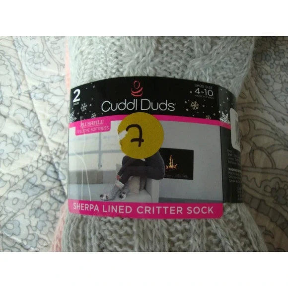 Cuddl Duds Sherpa Lined Critter Slipper Socks - Two Pack Cat and Pink (Sz 4-10) - Picture 5 of 5